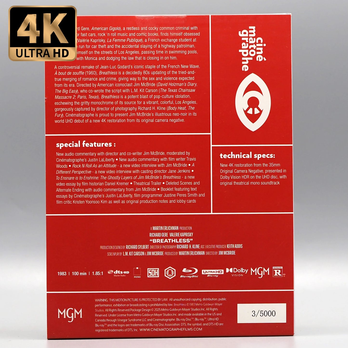 Breathless 4K UHD + Blu-ray with Limited Edition J-card MediaBook Slipcase (Cinématographe) LIMIT 1 PER CUSTOMER