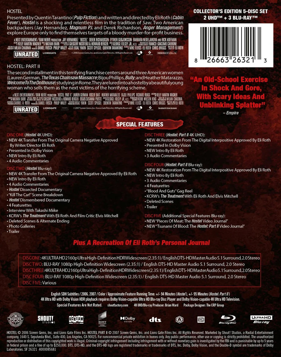 Hostel Parts I & II (20th Anniversary Edition) Limited Edition 4K Steelbook Collection + Blu-ray (Scream Factory) [Preorder]