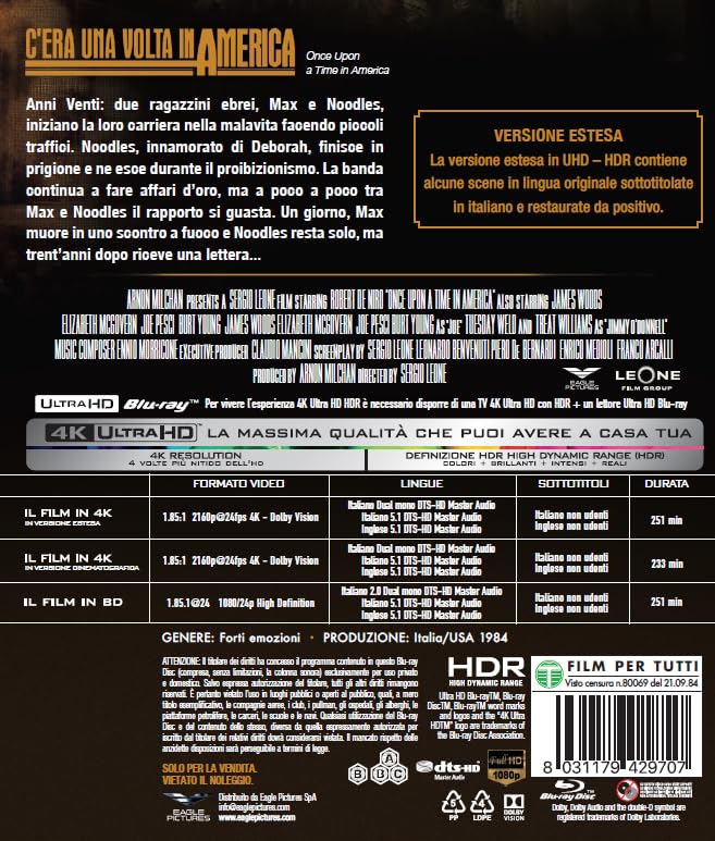 Once Upon a Time in America 4K UHD + Blu-ray Standard Edition (Eagle Pictures/Region Free/B) [Italian Import]