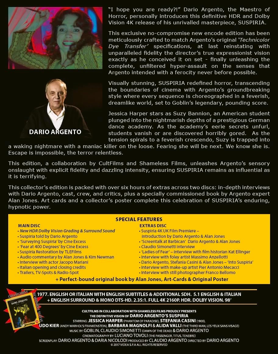 Suspiria Limited Edition 4K UHD + Blu-ray Extras Disc Collector's Edition with Slipcase + Book + Poster + Art Cards (Shameless Entertainment & Cult Films/Region Free) [Preorder]