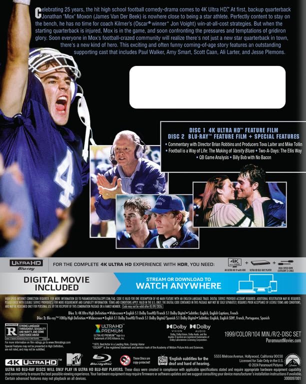 Varsity Blues 25th Anniversary 4K UHD + Bluray with Slipcover (Paramo The Atomic Movie Store